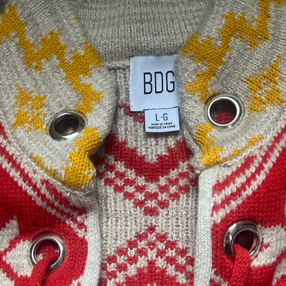 BDG Red, Cream & Blue Nordic Lace-Up Sweater with Yellow Accents - Picture 2 of 3